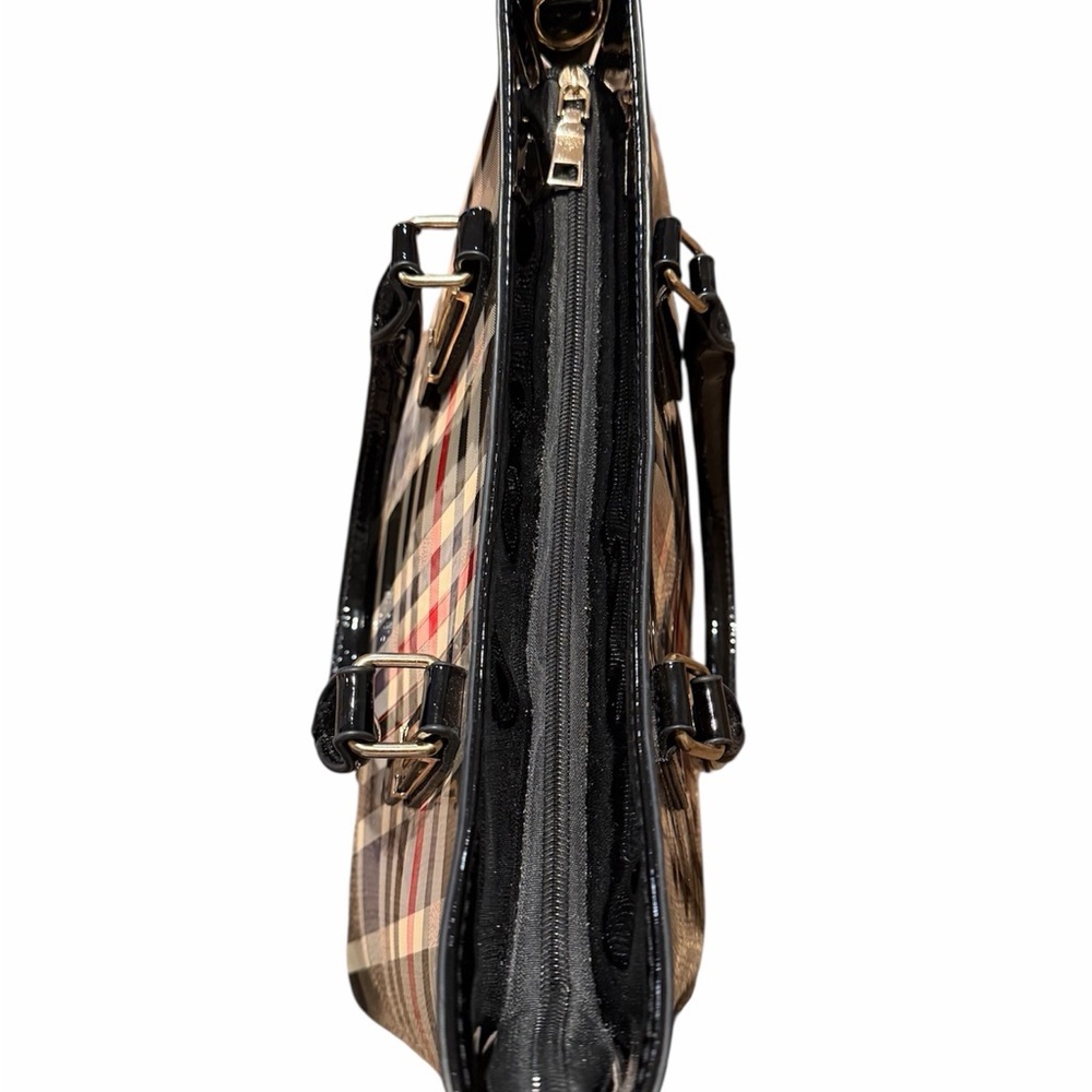 Patent Leather Plaid Fashion Tote Bag with Crossbody Strap - Picture 4 of 5